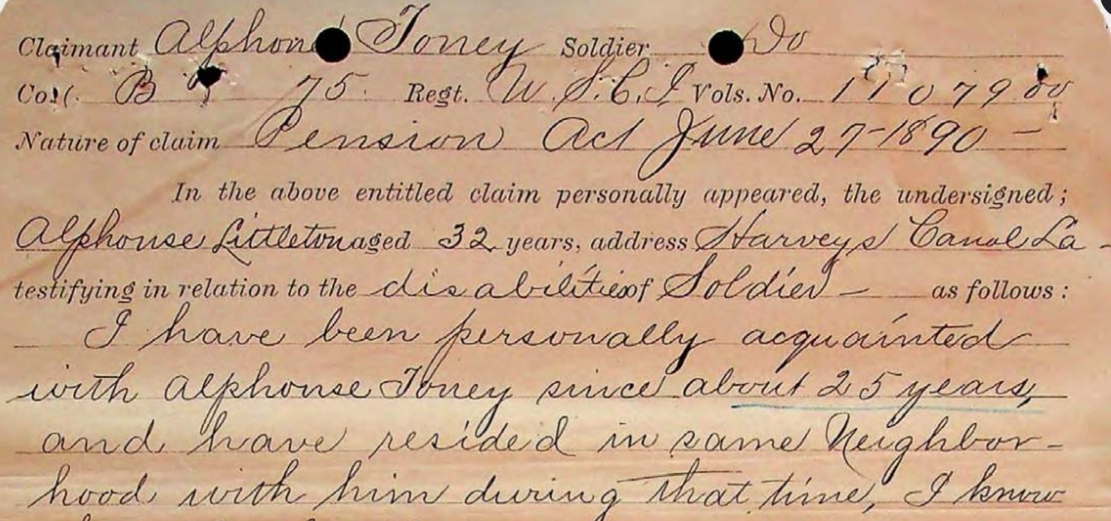 Pension affidavit referencing Alphonse Toney, Co. B, 75th U.S.C.I.