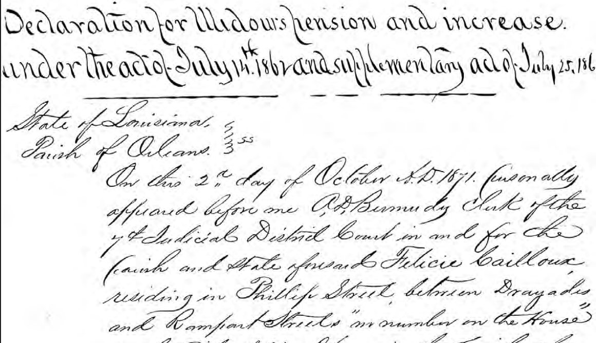 Widow's pension declaration for Felicie Cailloux, 1871