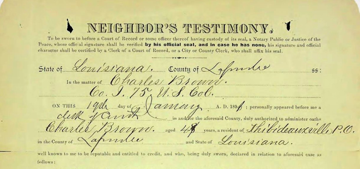 Neighbor's Testimony for Charles Brown, Co. I, 75th U.S.C.I.
