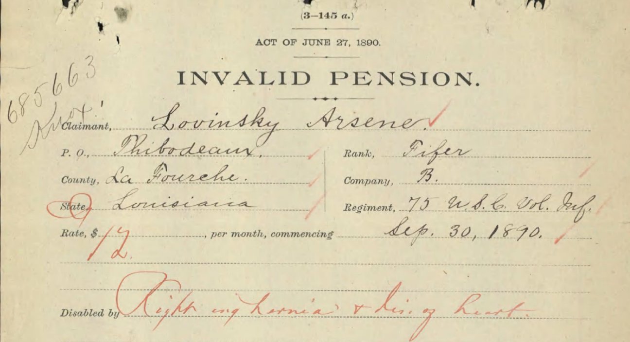 Invalid pension certificate for Lovinsky Arsene, Co. B, 75th U.S.C. Vol. Inf.